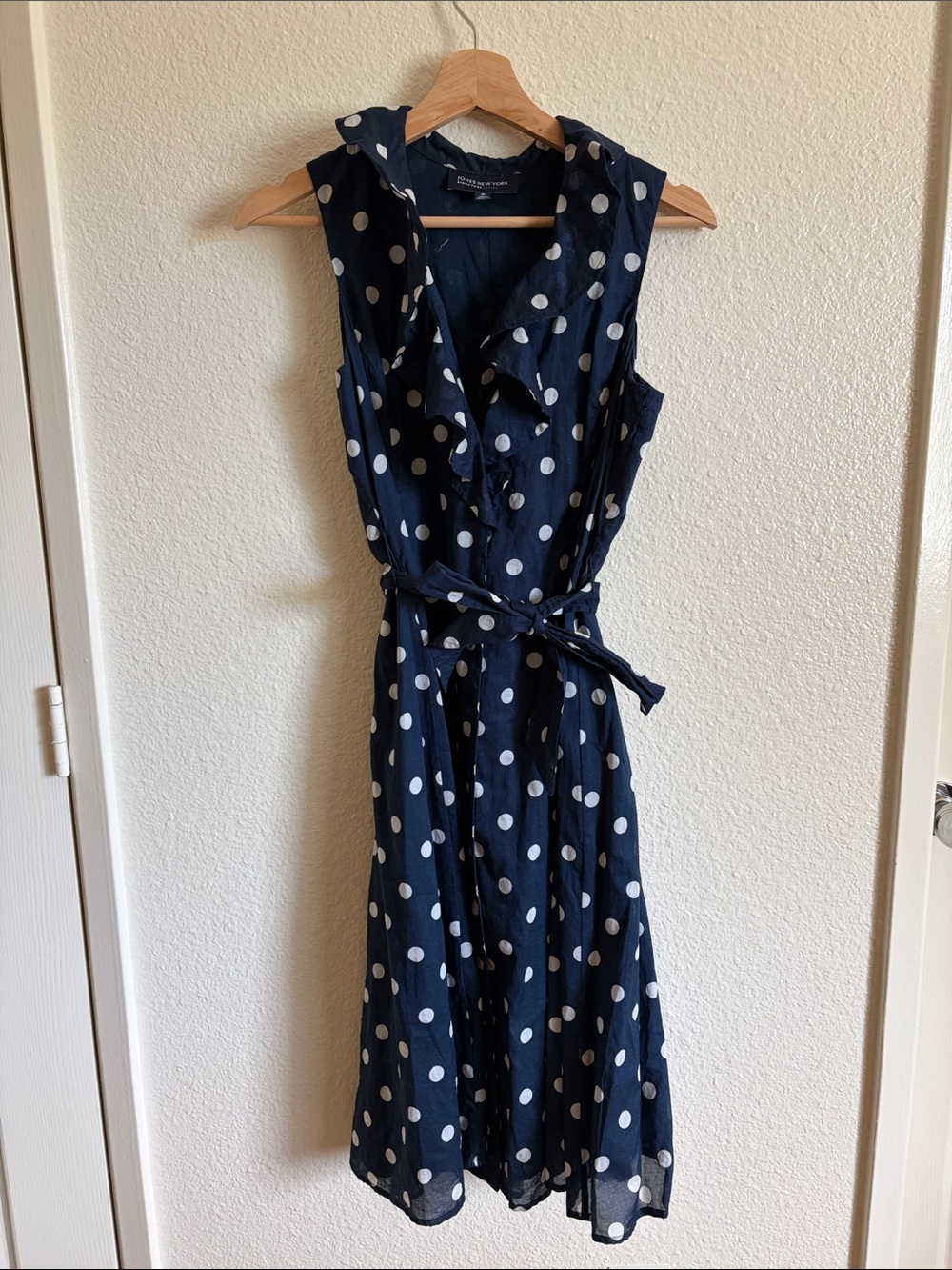 Polka Dot collared ruffle midi dress navy Jones New York signature petite